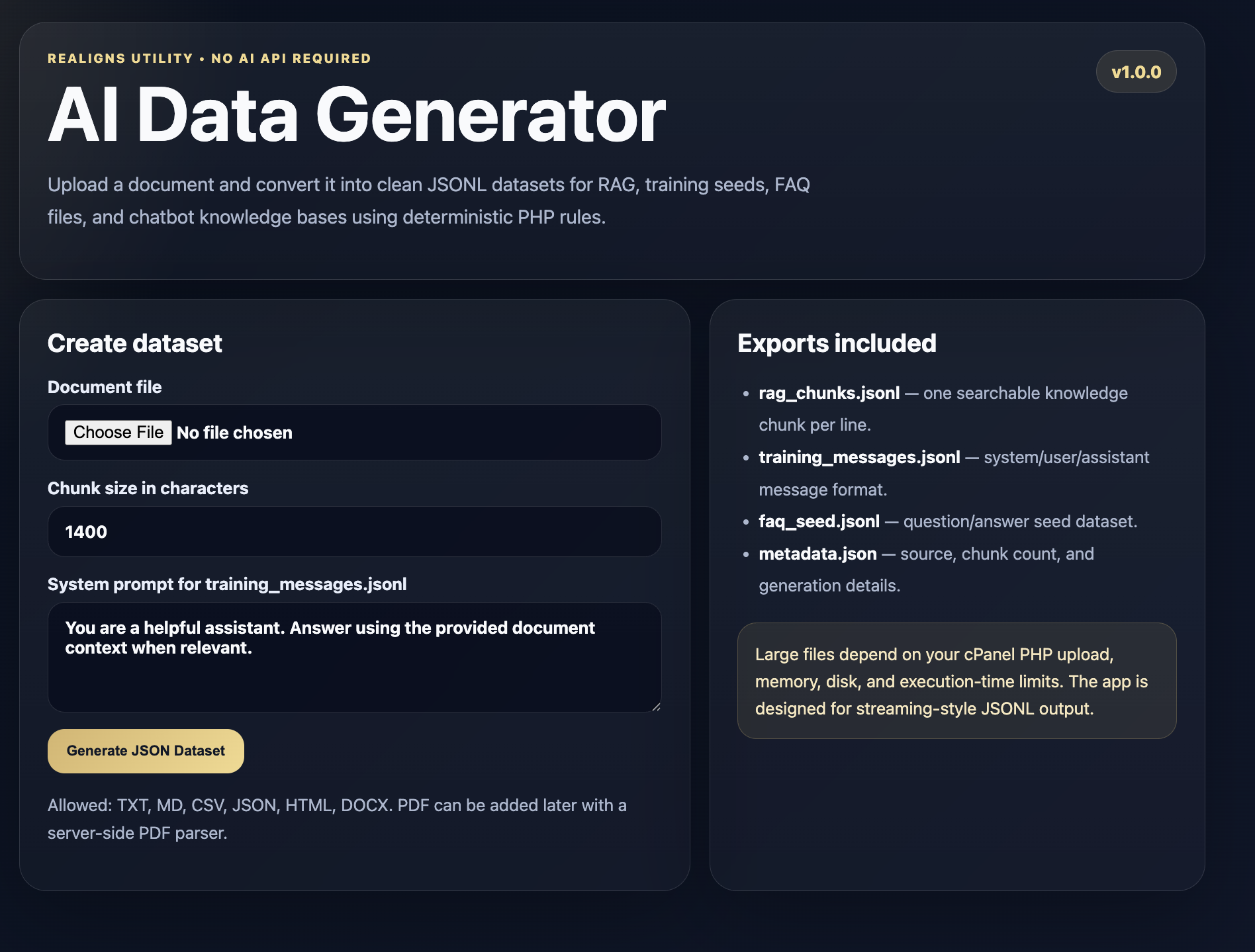 AI Data Generator — Local PHP JSONL Dataset Builder for AI Developers